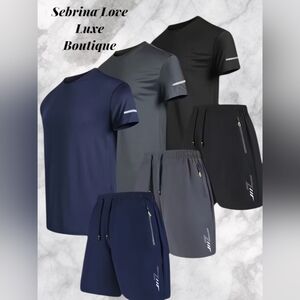 Men's 3 Sets LOT - Blue, Black, Gray Athletic T-Shirts and Shorts Sets